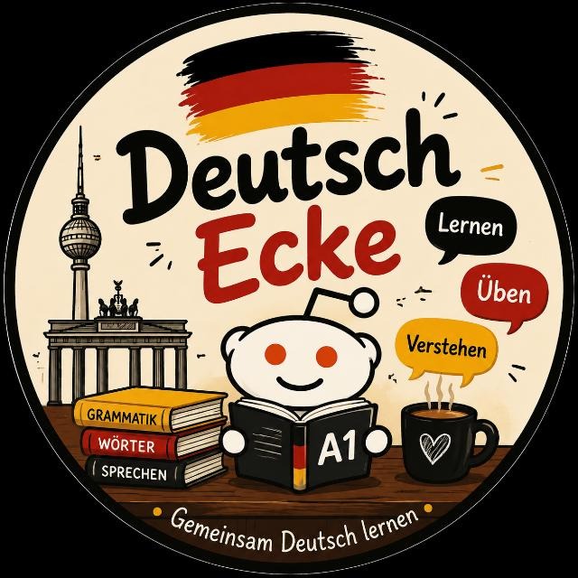Deutsch Ecke logo — a friendly mascot reading an A1 book in front of the Brandenburg Gate and the Berlin TV Tower